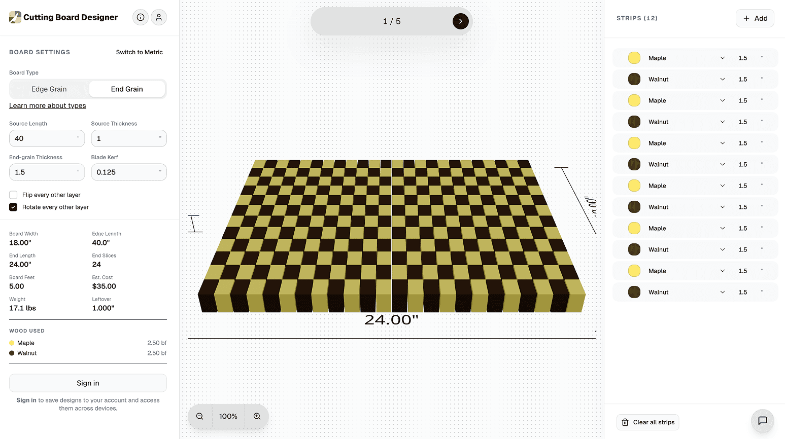 Design for the desired dimensions, wood species, and type of cutting board