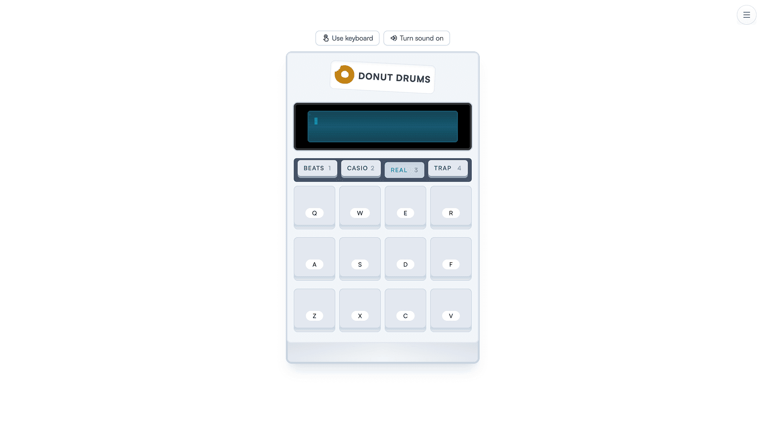 Click or use keyboard shortcuts to play with a simple drum machine