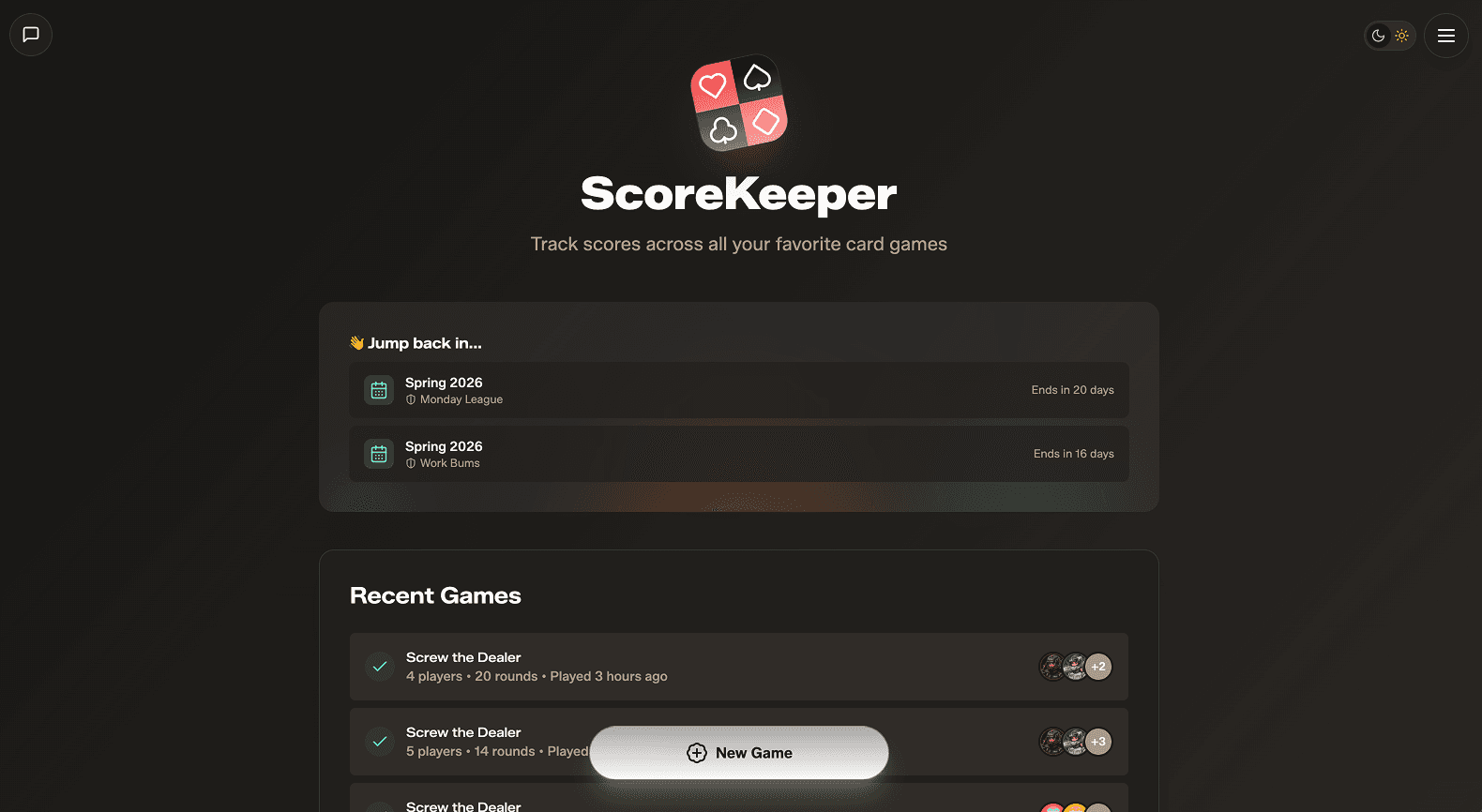 Homepage, where you can find recent games and their status