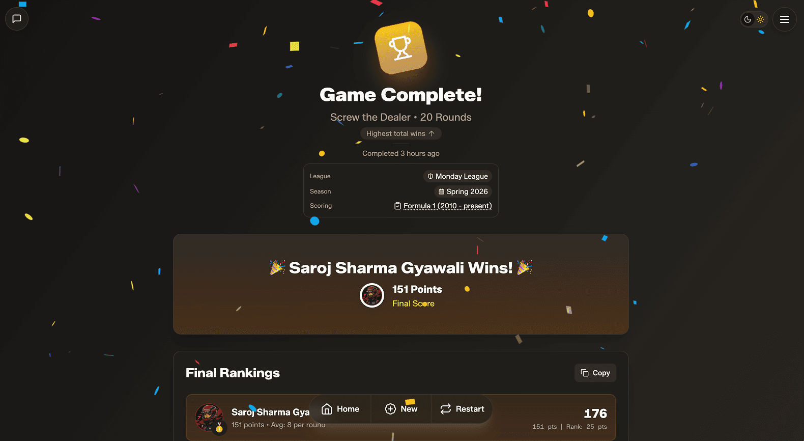 Game summary page for a completed game