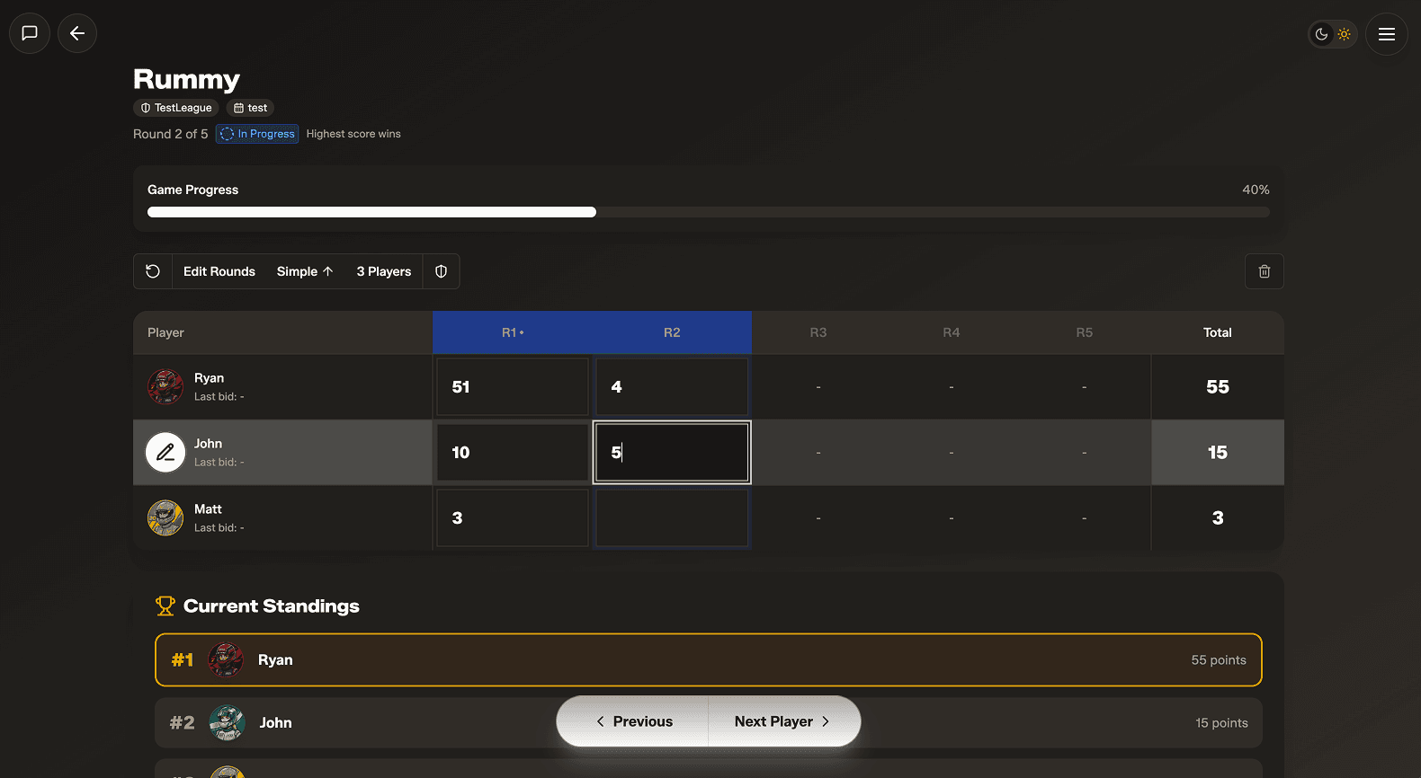 Score interface for entering scores by round and player