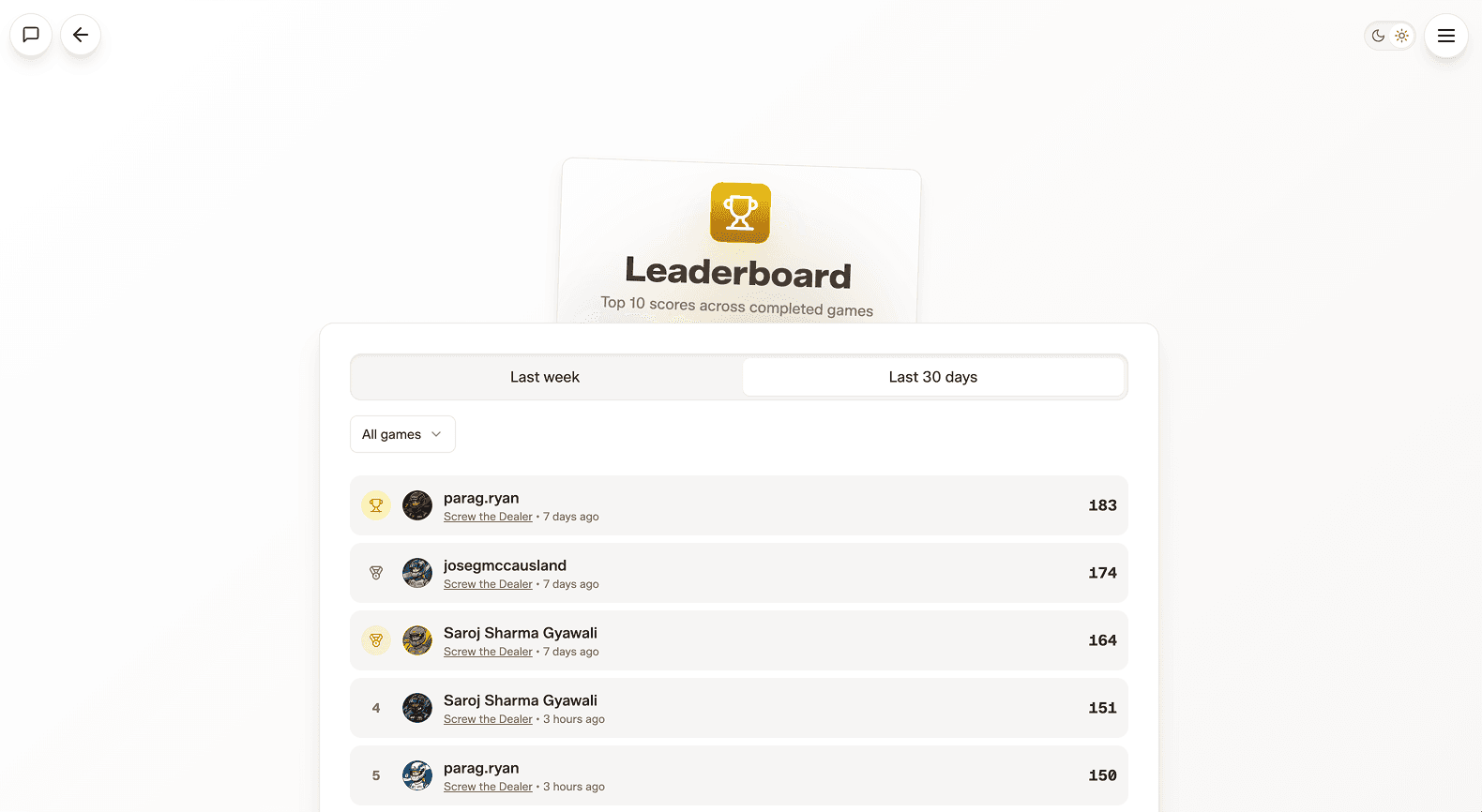 Leaderboard view for tracking performance per player, per type of game, # of rounds, etc.