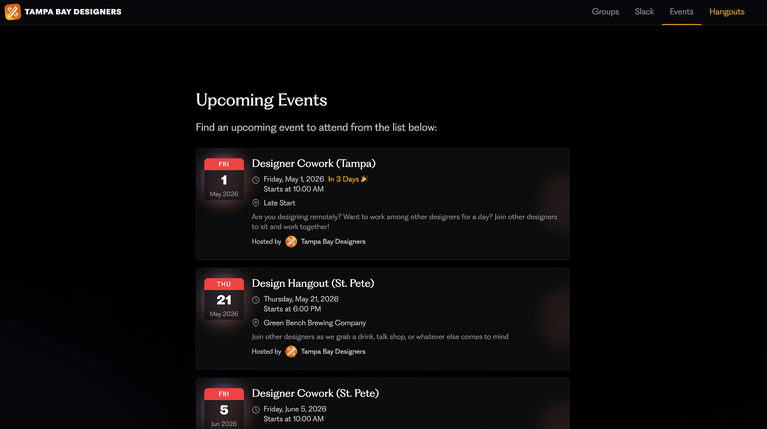 Events listing
